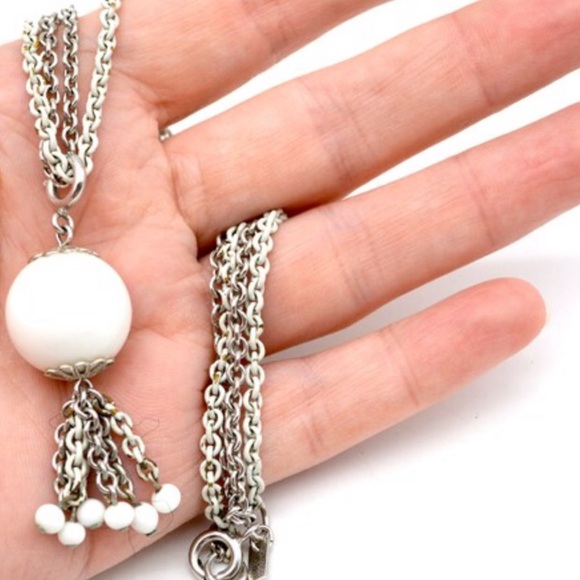 Emmons White & Silver Tasseled Sno-Ball Choker Necklace - Picture 3 of 14